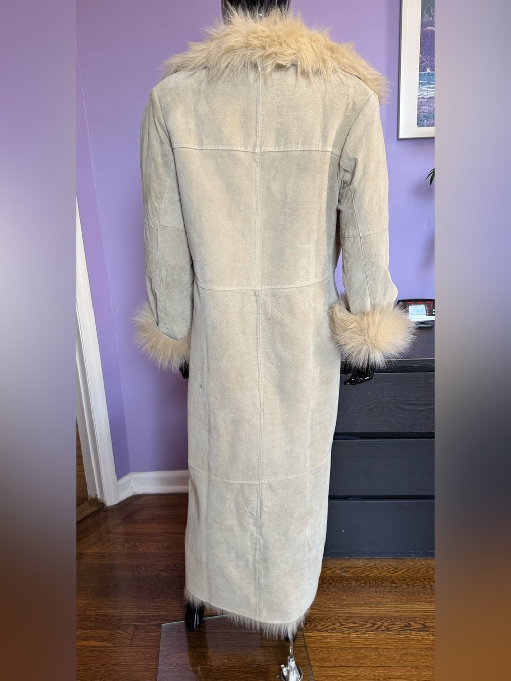 Ivory sheepskin shearling fur coat leather faux fur trim size small - Picture 4 of 16